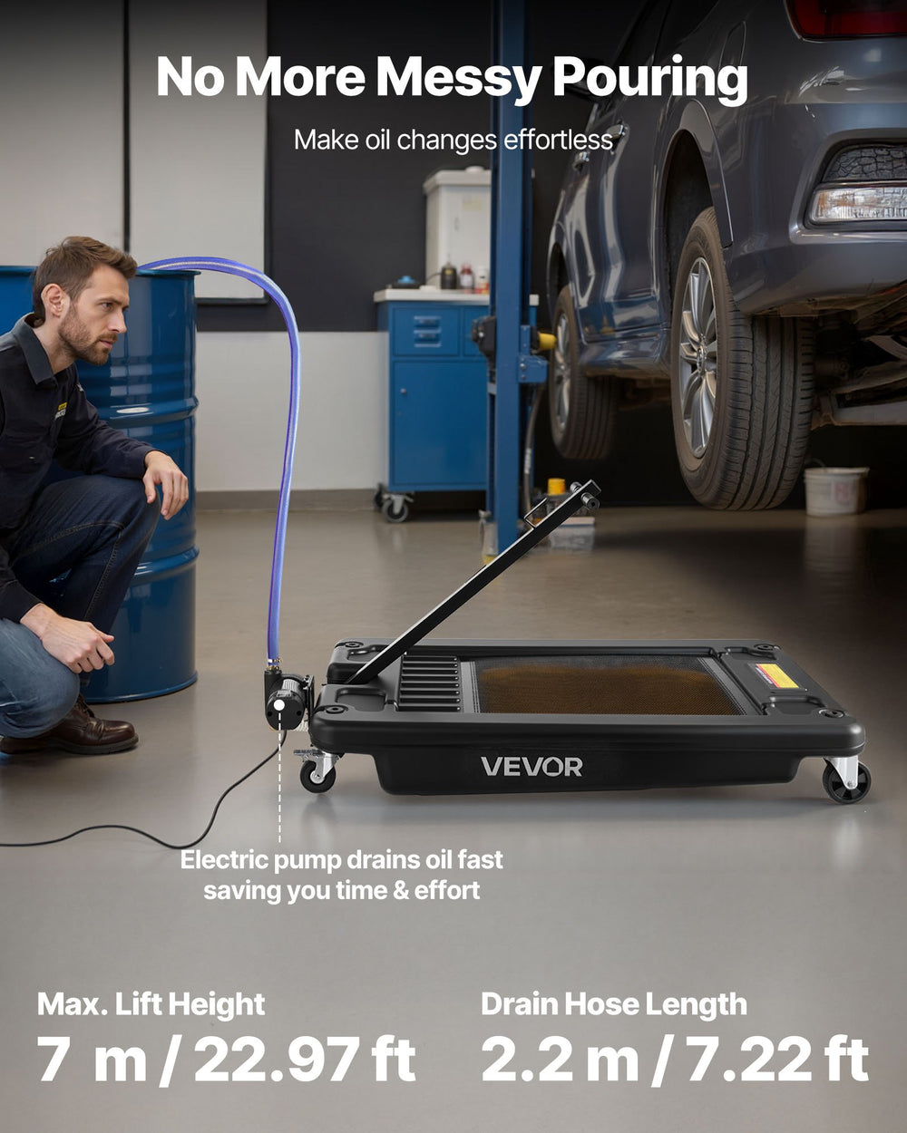 VEVOR Low Profile Oil Drain Pan, 17 Gallon Capacity, Rolling Oil Drain Pan with Electric Pump & 7.2 ft Hose, Leak-proof & Corrosion-resistant, Fit for Cars, SUVs, Trucks, Motorcycles, ATVs, Metal