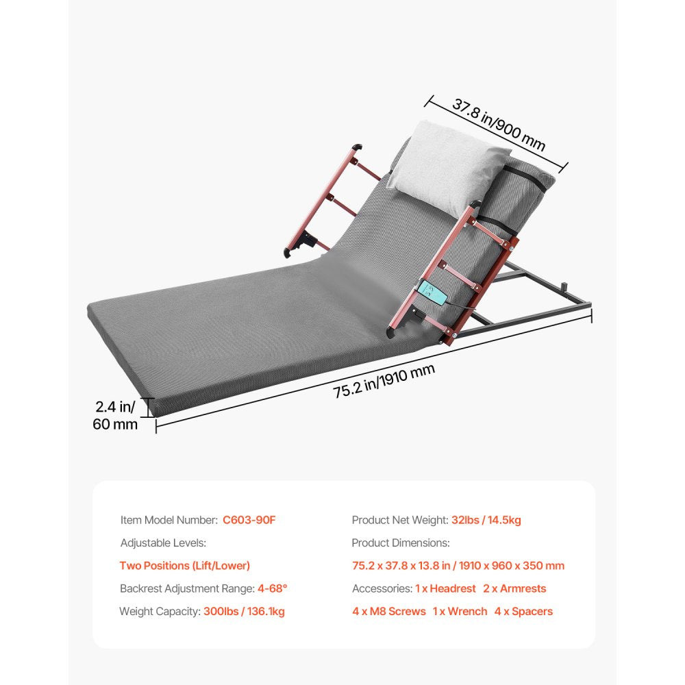 VEVOR electric lifting backrest dimensions and accessories infographic