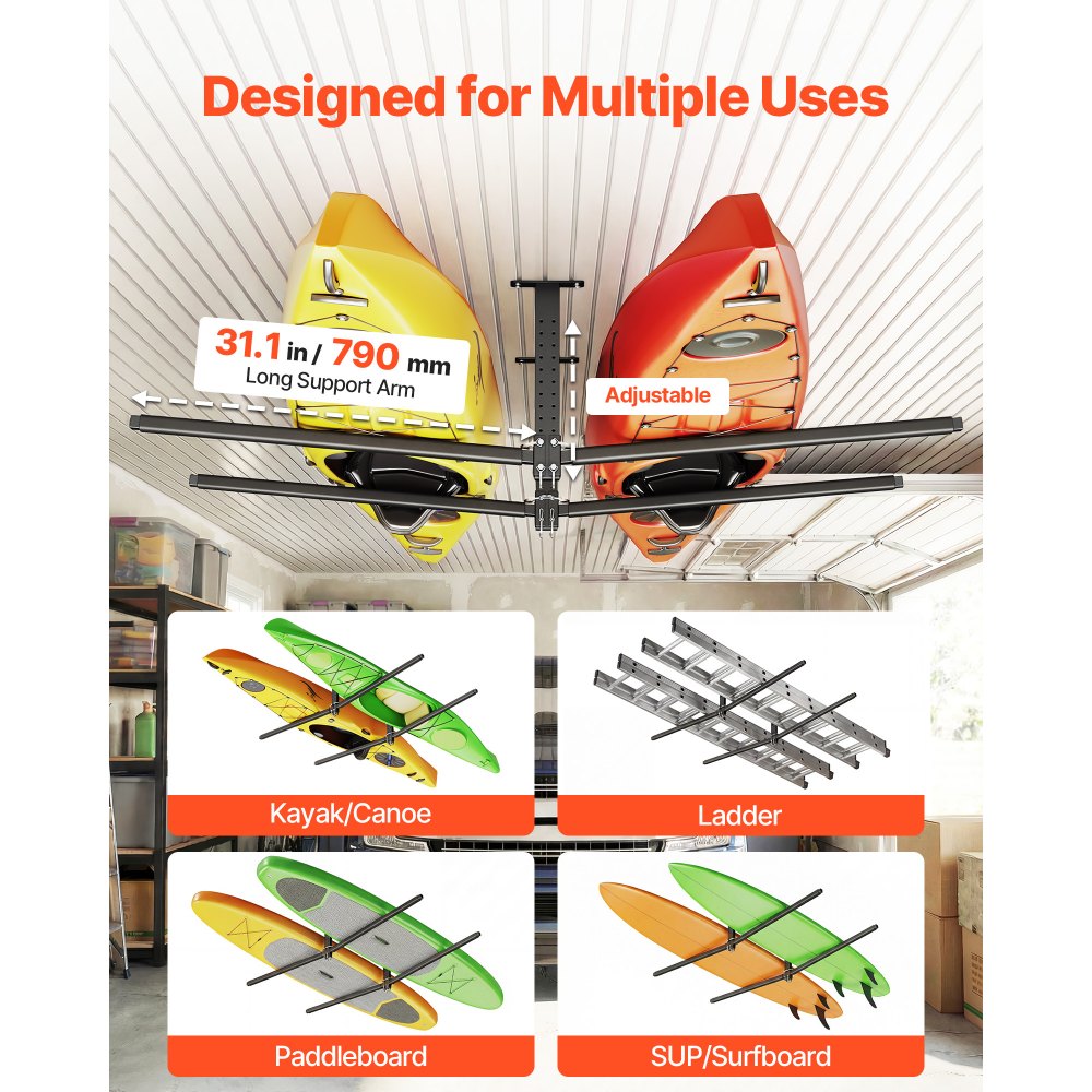 VEVOR Kayak Storage Rack for 2 Kayaks, Holds Up to 250 lbs, Heavy Duty Adjustable Ceiling Rack for Garage Ceiling Mount, Overhead Garage Storage Hanger for Canoe, Ladder, SUP, Surfboard & Paddleboard