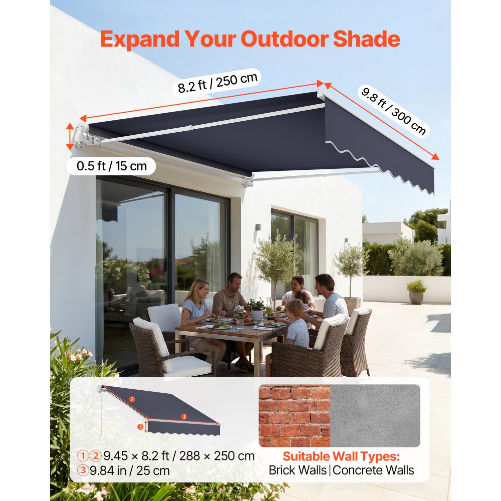 VEVOR Electric Retractable Awning, 9.8' x 8.2' Motorized Patio Awning, Sunshade Shelter with Remote Controller & Manual Crank Handle, Waterproof Polyester Fabric for Outdoor Deck, Balcony, Yard, Gray