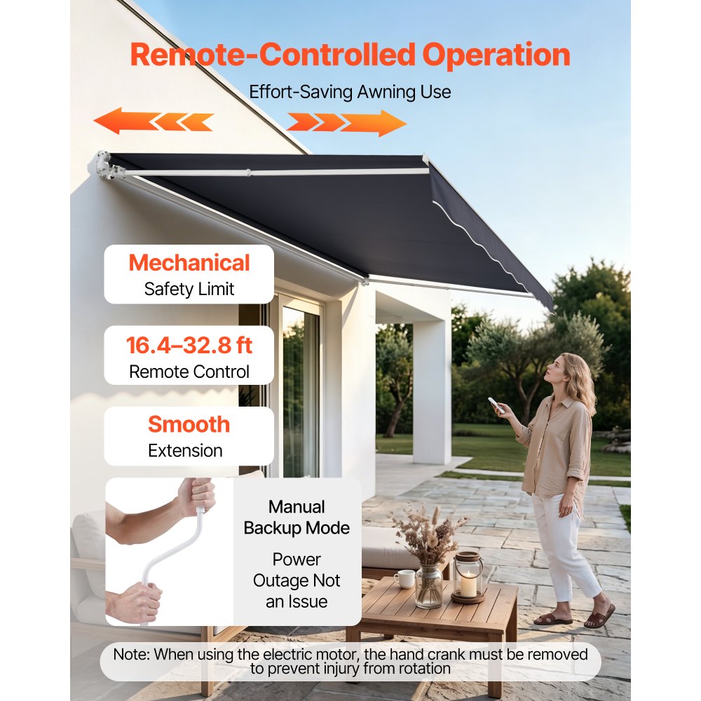 VEVOR Electric Retractable Awning, 14.1' x 9.8' Motorized Patio Awning, Sunshade Shelter with Remote Controller & Manual Crank Handle, Waterproof Polyester Fabric for Outdoor Deck, Balcony, Yard, Gray