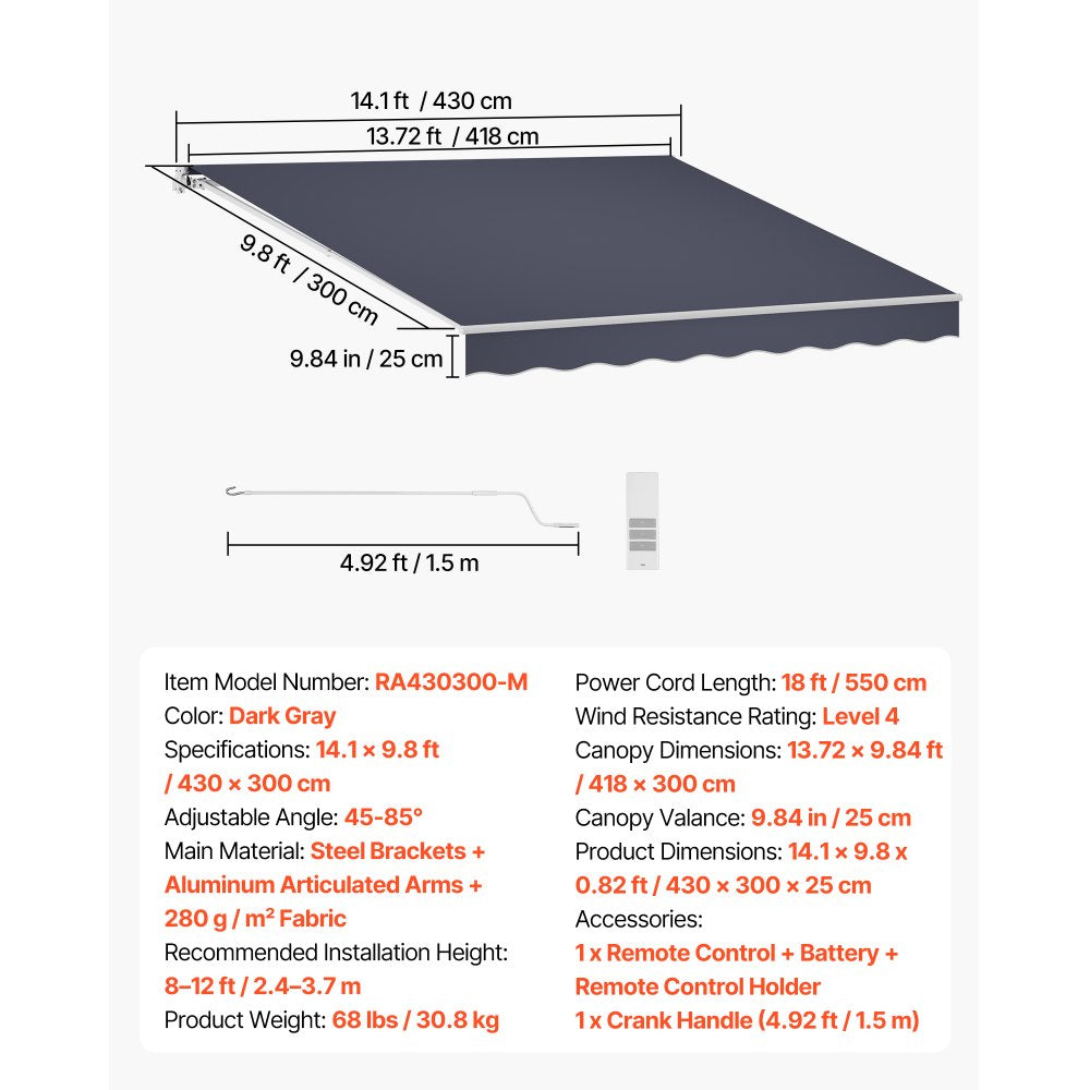 VEVOR Electric Retractable Awning, 14.1' x 9.8' Motorized Patio Awning, Sunshade Shelter with Remote Controller & Manual Crank Handle, Waterproof Polyester Fabric for Outdoor Deck, Balcony, Yard, Gray