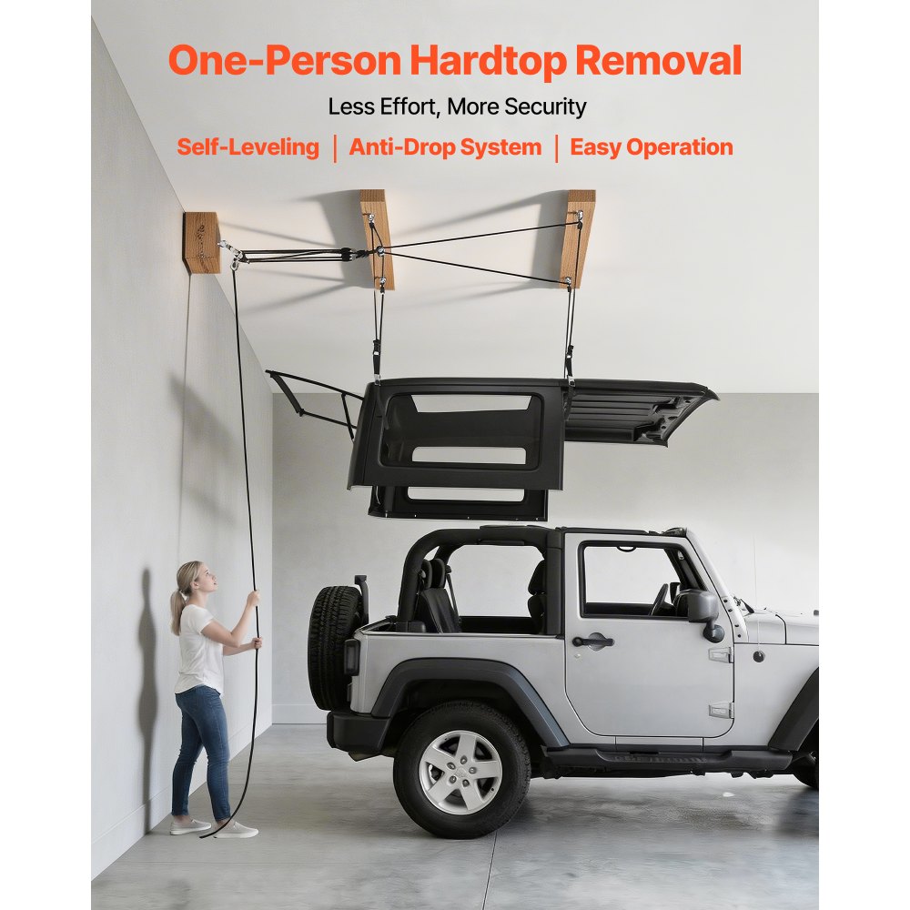 VEVOR Hard Top Remover Lift, 220 lbs, Jeep Hardtop Removal Storage Roof Hoist with Anti-Drop System, Easy One-Person Operation, Supports 8-16 in Ceiling, for 2-Door & 4-Door Jeep Wrangler JK JL & Ford
