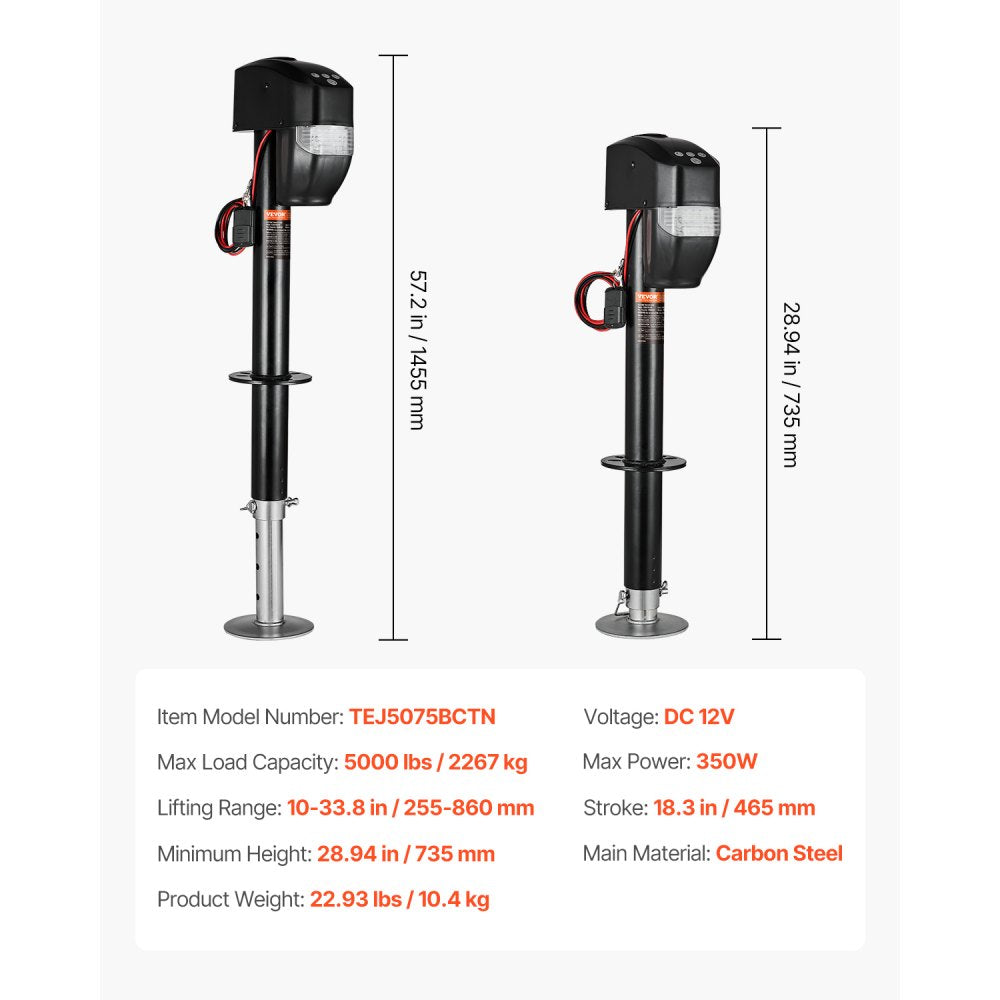 VEVOR Electric Trailer Jack, 5000 lbs, Heavy Duty RV Electric Power Tongue Jack with 2 Way Connector, Remote Control, Crank Handle & Weatherproof Jack Cover, 10"-28.3" Lift, for Trailers & Campers