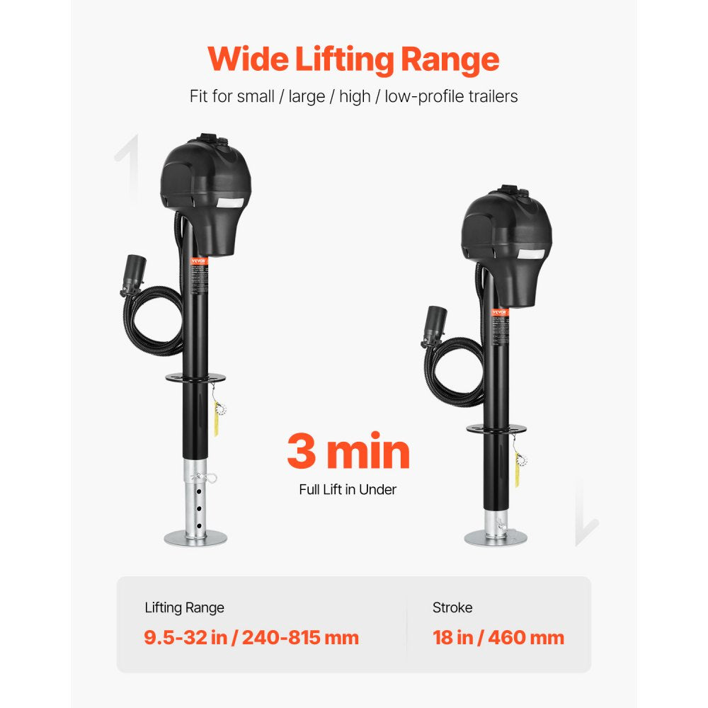VEVOR Electric Trailer Jack, 3500 lbs, Heavy Duty RV Electric Power Tongue Jack with 7-pin Connector, Manual Crank Handle & Weatherproof Jack Cover, 9.5"-27.5" Lift, for Trailers, Campers & RVs, Black