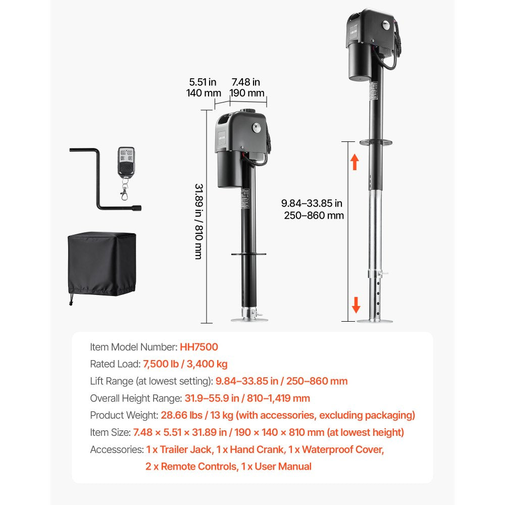 VEVOR Electric Trailer Jack, 7500 lbs Capacity, Electric Power Tongue Jack with Waterproof Protective Cover & LED Light for Travel Trailer, Camper, RV, 9.84-27.84 in Lift, 12V DC with Wiring, Black
