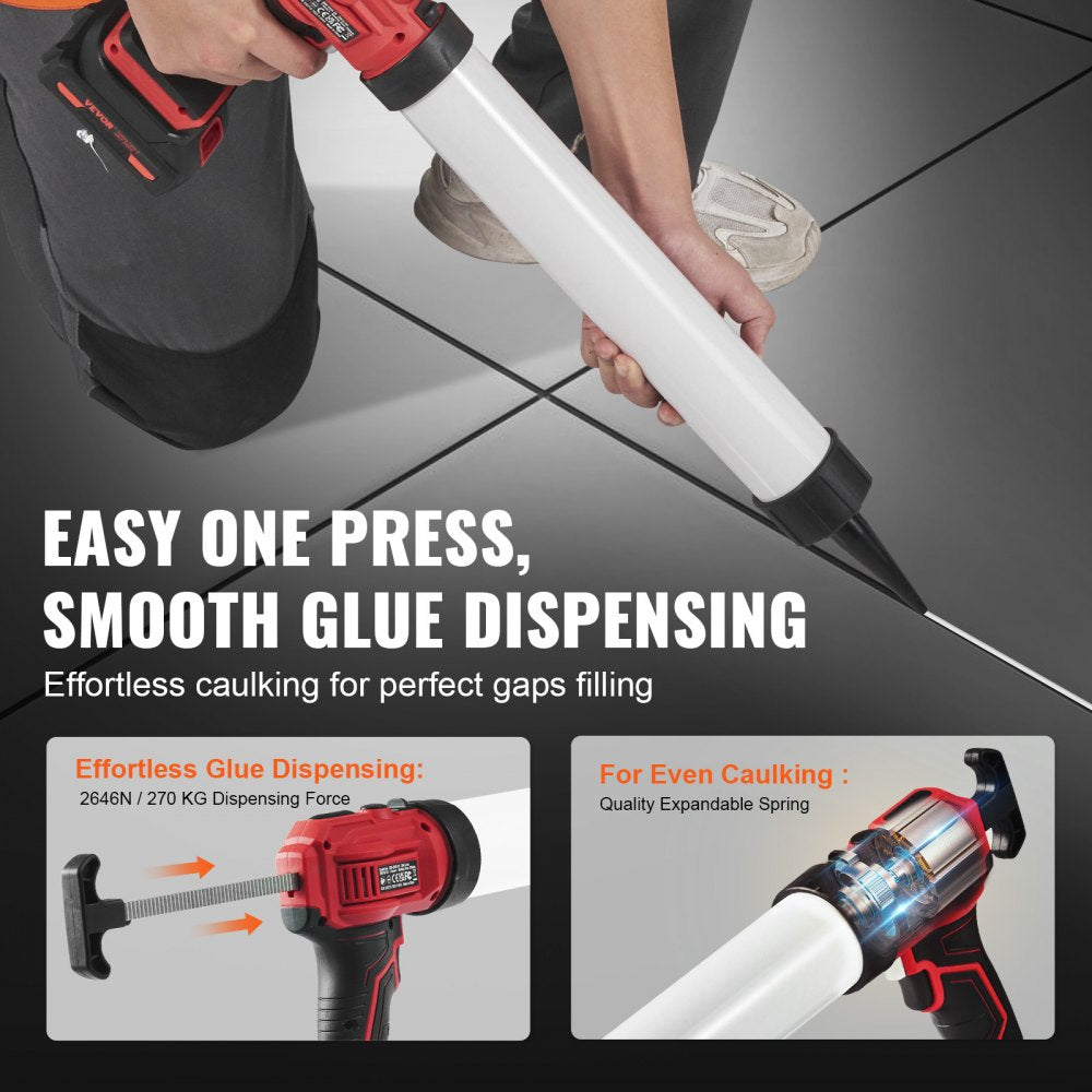 VEVOR Cordless Caulking Gun 20oz/600ml, 20V Electric Sausage Caulking Gun with 4 Adjustable Speeds, Anti-Drip Battery Powered Caulk Gun & 2.0AH Battery, Fast Charger, LED Light for Filling, Sealing
