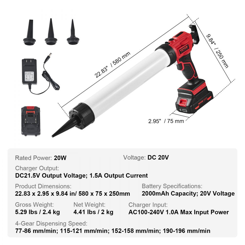 VEVOR Cordless Caulking Gun 20oz/600ml, 20V Electric Sausage Caulking Gun with 4 Adjustable Speeds, Anti-Drip Battery Powered Caulk Gun & 2.0AH Battery, Fast Charger, LED Light for Filling, Sealing