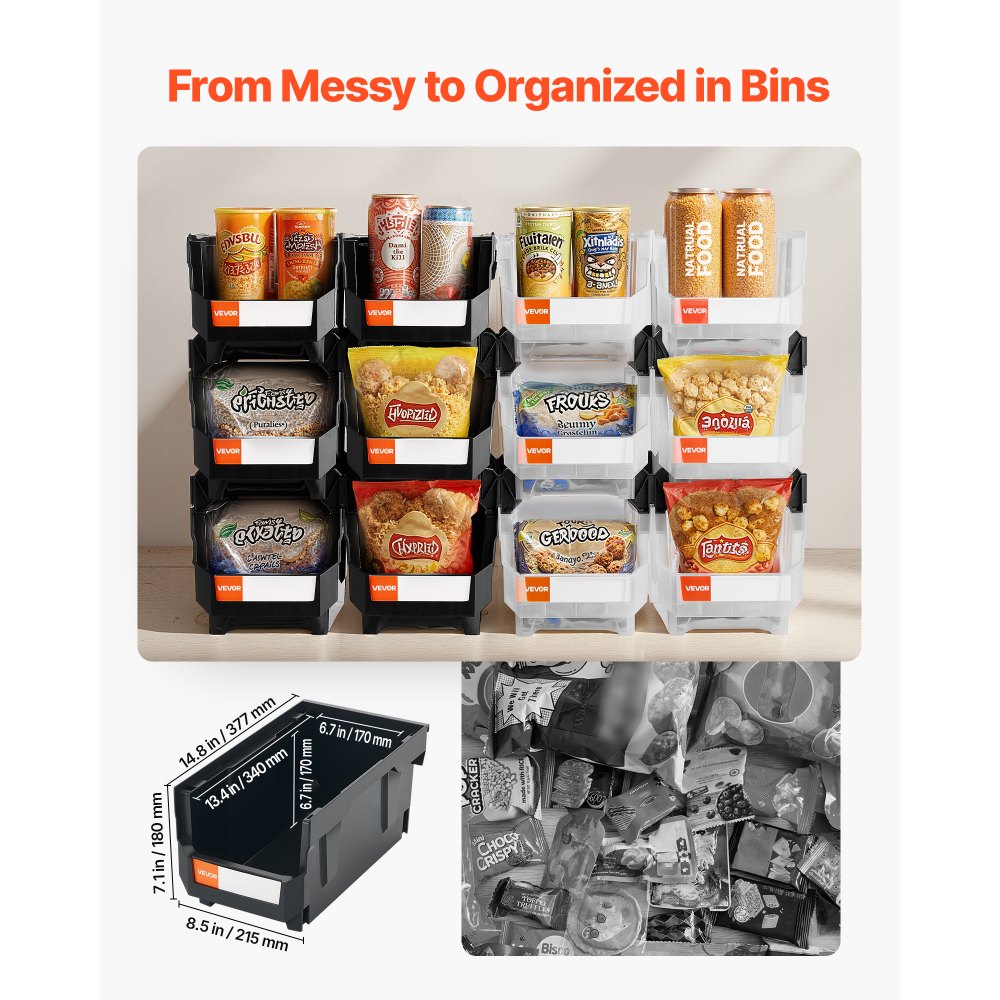 VEVOR Plastic Stackable Storage Bins, 14.8 x 8.5 x 7.1 inch (12 Pack), Plastic Containers for Organizing & Storage Bins for Garage, Small Parts, Office Supplies, Other Accessories, Black & Transparent