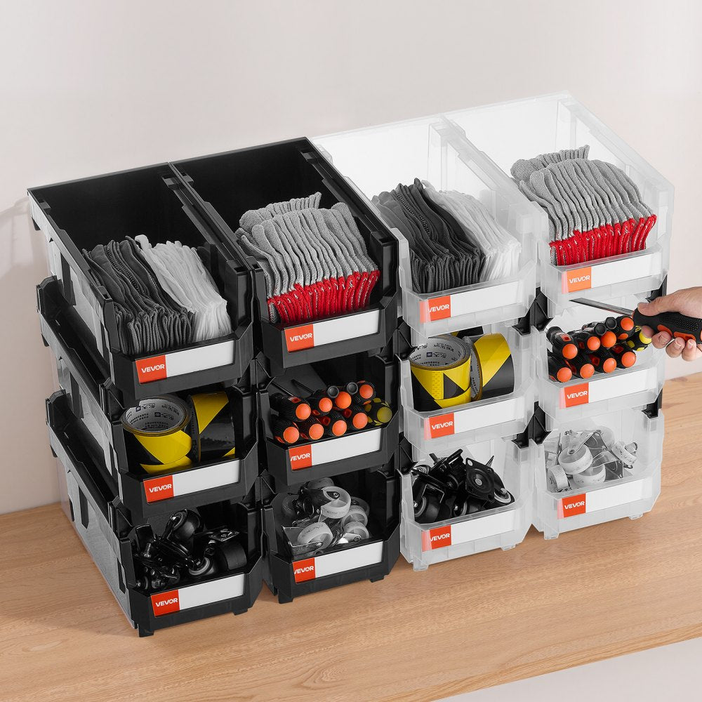 VEVOR Plastic Stackable Storage Bins, 14.8 x 8.5 x 7.1 inch (12 Pack), Plastic Containers for Organizing & Storage Bins for Garage, Small Parts, Office Supplies, Other Accessories, Black & Transparent