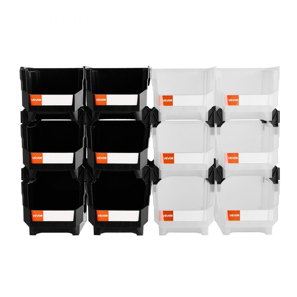 VEVOR Plastic Stackable Storage Bins, 14.8 x 8.5 x 7.1 inch (12 Pack), Plastic Containers for Organizing & Storage Bins for Garage, Small Parts, Office Supplies, Other Accessories, Black & Transparent