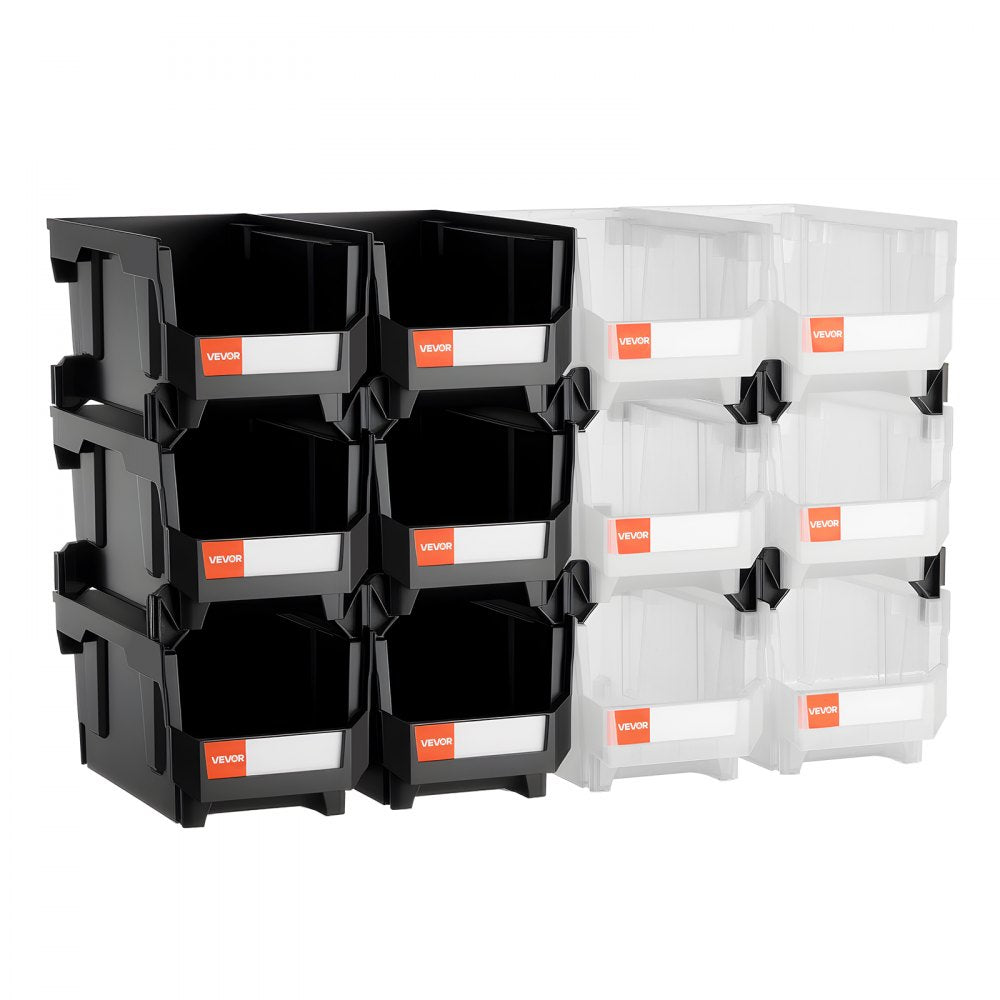 VEVOR Plastic Stackable Storage Bins, 14.8 x 8.5 x 7.1 inch (12 Pack), Plastic Containers for Organizing & Storage Bins for Garage, Small Parts, Office Supplies, Other Accessories, Black & Transparent