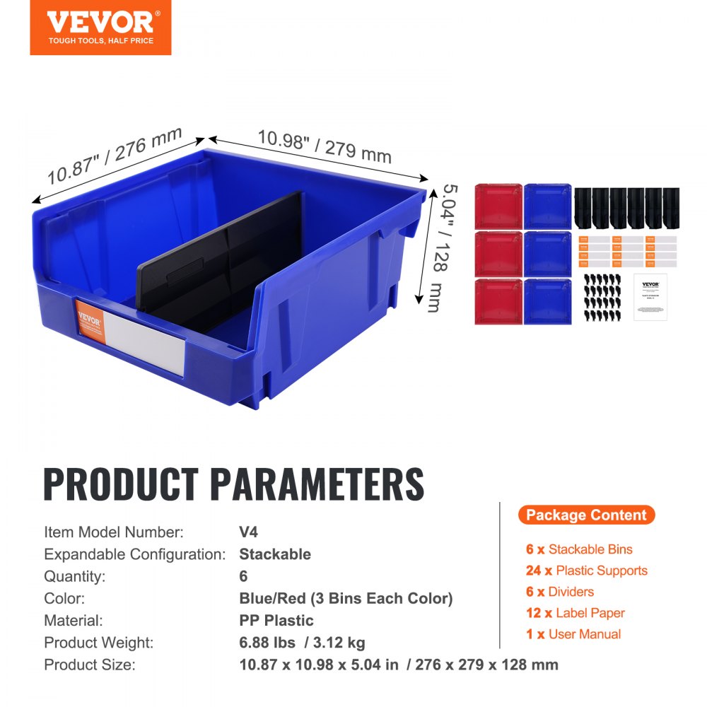 VEVOR Plastic Storage Bin, (11-Inch x 11-Inch x 5-Inch), Hanging Stackable Storage Organizer Bin, Blue/Red, 6-Pack, Heavy Duty Stacking Containers for Closet, Kitchen, Office, or Pantry Organization