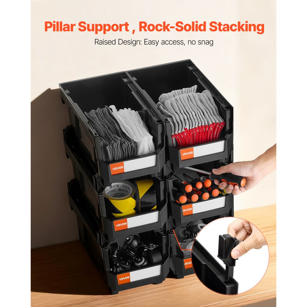 VEVOR Plastic Stackable Storage Bins, 14.8 x 8.5 x 7.1 inch (6 Pack), Plastic Containers for Organizing and Storage Bins for Closet, Garage, Small Parts, Office Supplies and Other Accessories, Black