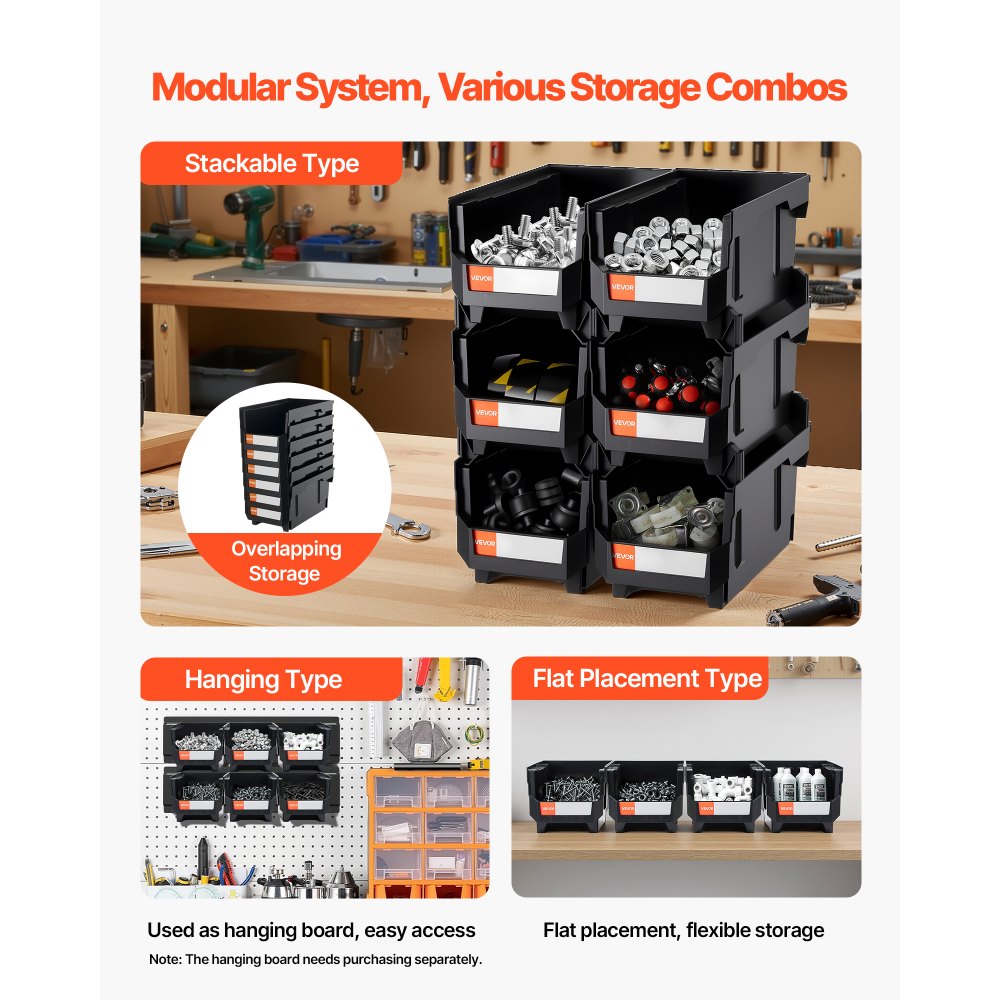 VEVOR Plastic Stackable Storage Bins, 14.8 x 8.5 x 7.1 inch (6 Pack), Plastic Containers for Organizing and Storage Bins for Closet, Garage, Small Parts, Office Supplies and Other Accessories, Black