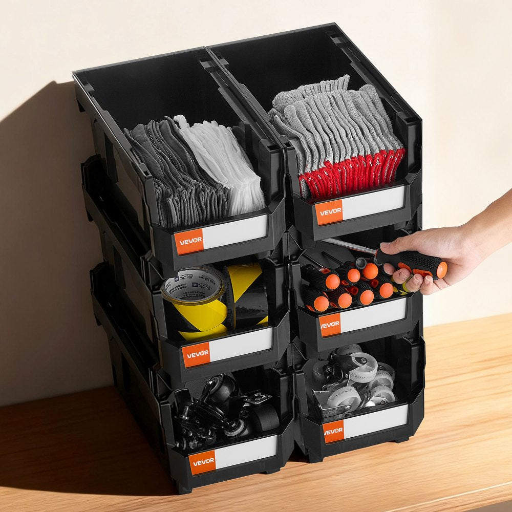 VEVOR Plastic Stackable Storage Bins, 14.8 x 8.5 x 7.1 inch (6 Pack), Plastic Containers for Organizing and Storage Bins for Closet, Garage, Small Parts, Office Supplies and Other Accessories, Black