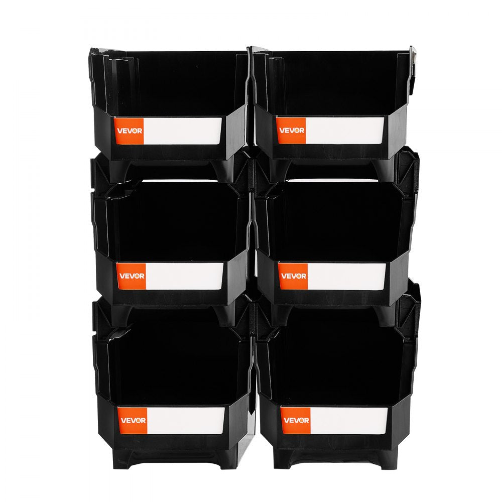 VEVOR Plastic Stackable Storage Bins, 14.8 x 8.5 x 7.1 inch (6 Pack), Plastic Containers for Organizing and Storage Bins for Closet, Garage, Small Parts, Office Supplies and Other Accessories, Black