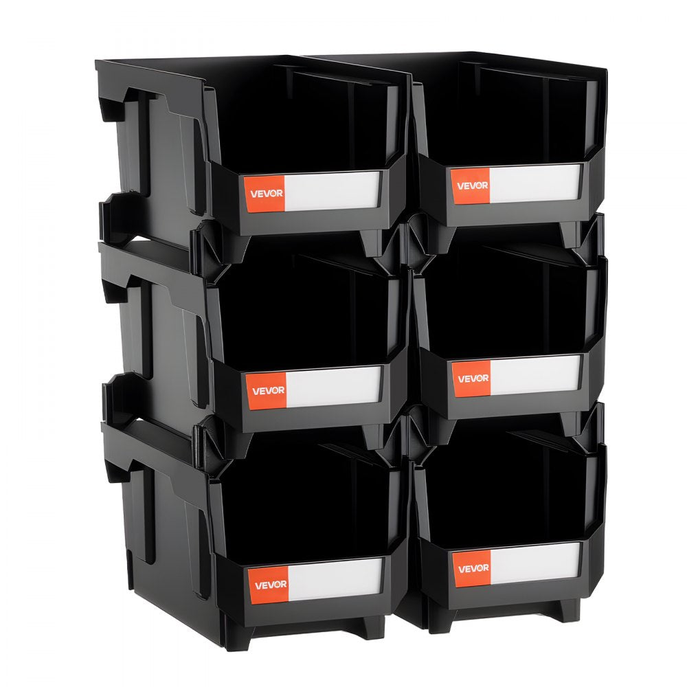 VEVOR Plastic Stackable Storage Bins, 14.8 x 8.5 x 7.1 inch (6 Pack), Plastic Containers for Organizing and Storage Bins for Closet, Garage, Small Parts, Office Supplies and Other Accessories, Black