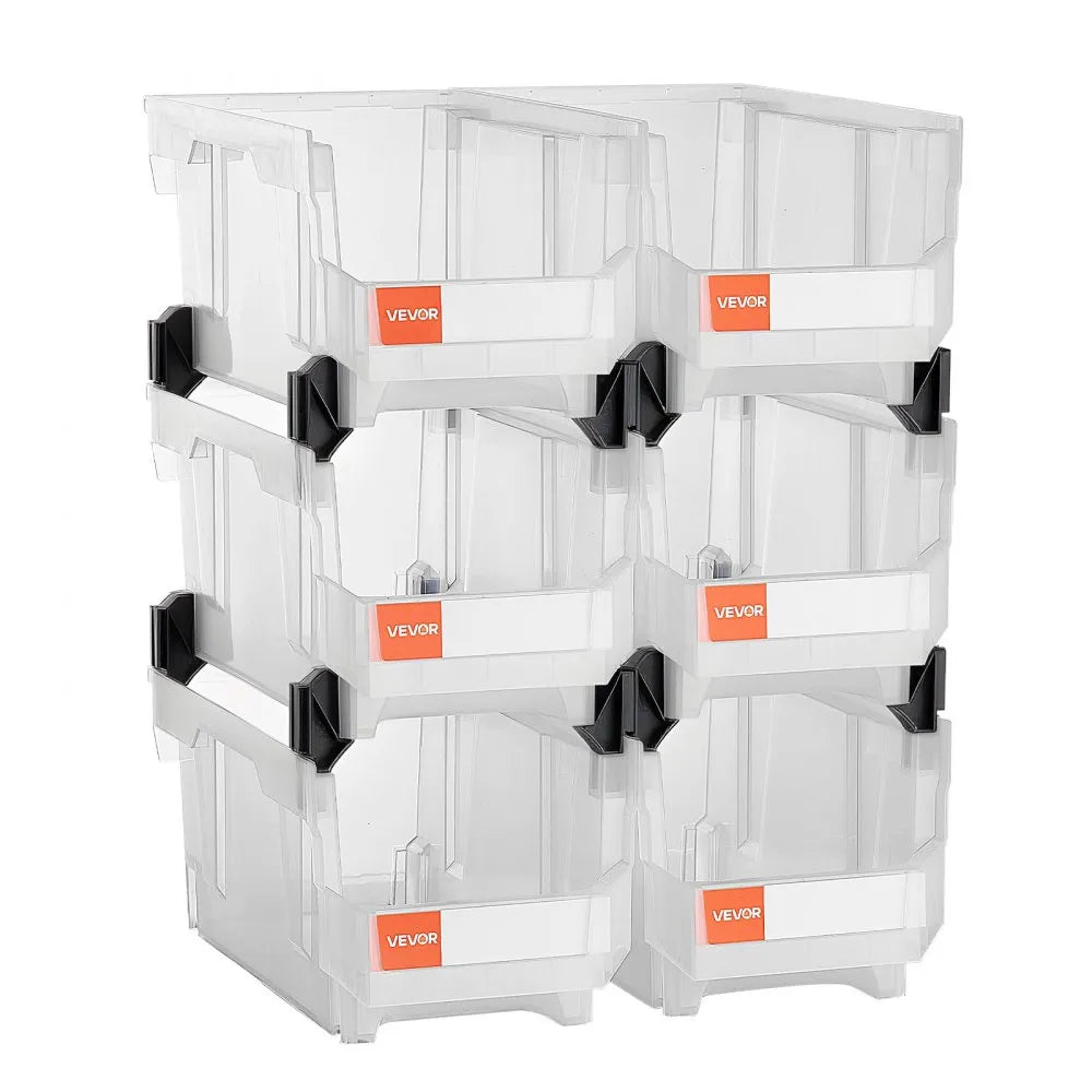 VEVOR Plastic Stackable Storage Bins, 14.8 x 8.5 x 7.1 inch (6 Pack), Plastic Containers for Organizing & Storage Bins for Closet, Garage, Small Parts, Office Supplies, Other Accessories, Transparent