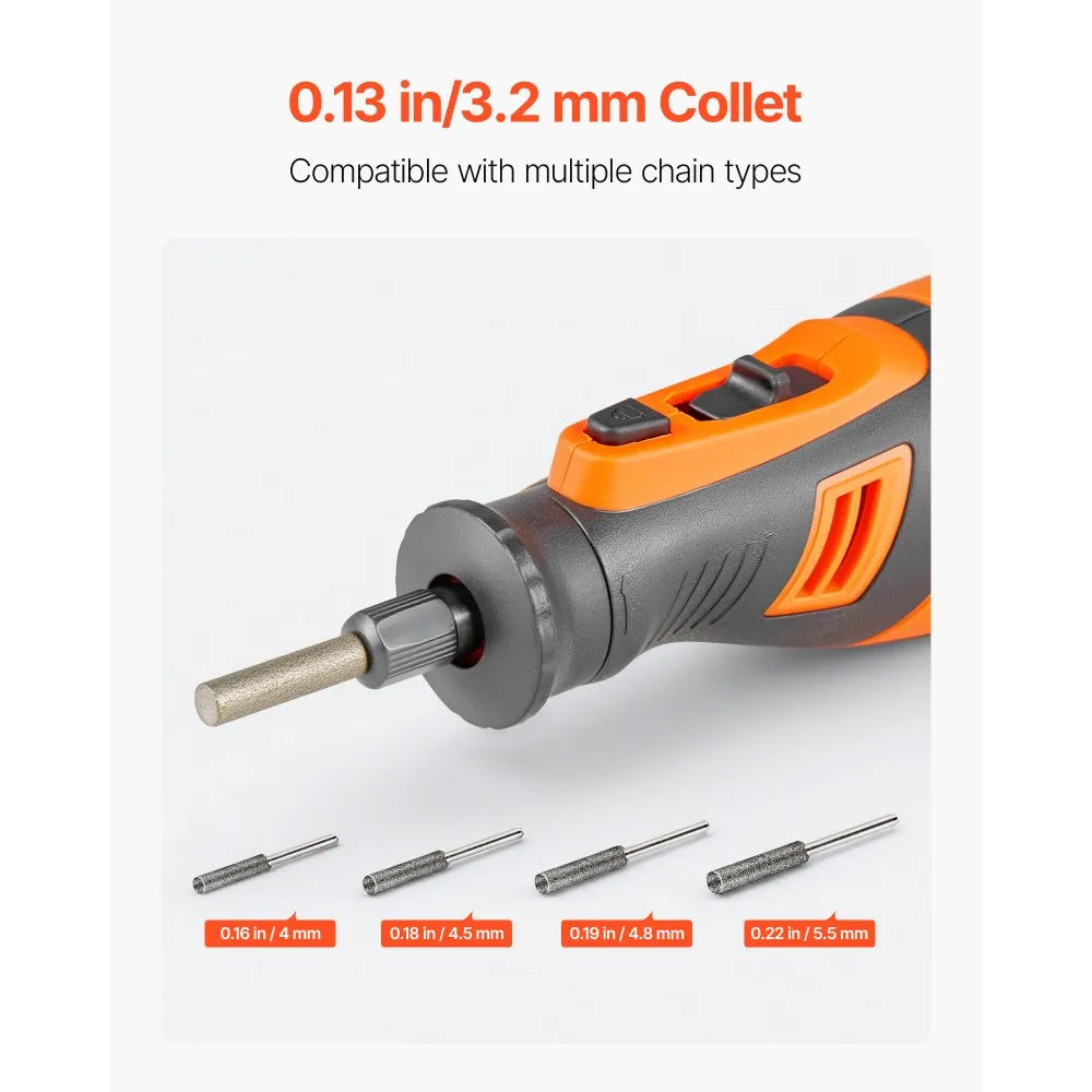 VEVOR Cordless Chainsaw Sharpener, 5-Speed Adjustable Electric Saw Chain Sharpener 5000-30000 RPM, Rechargeable Handheld Chainsaw Sharpening Tool with 4 Sharpening Heads & Angle Guide Attachment