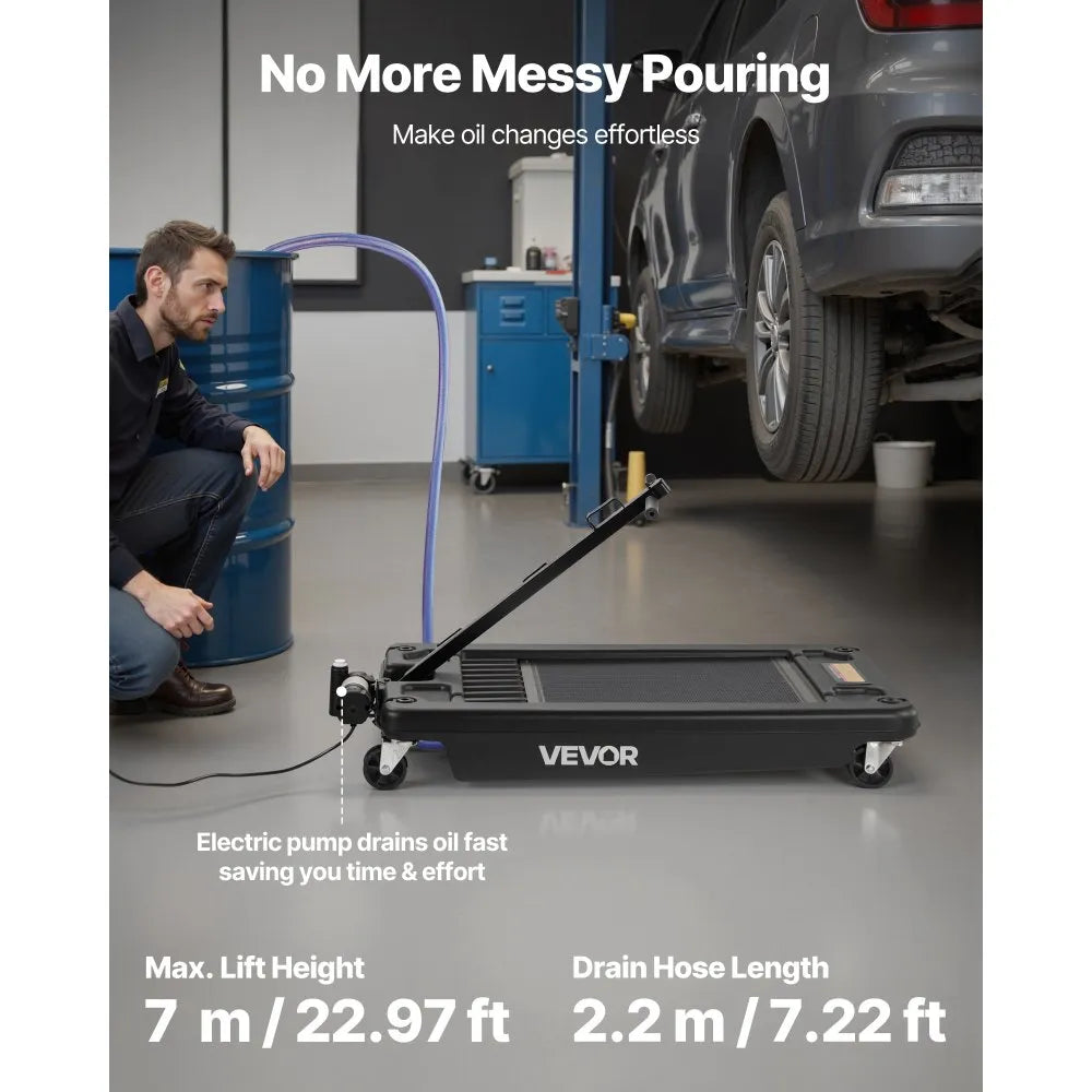 VEVOR Low Profile Oil Drain Pan, 17 Gallon Capacity, Rolling Oil Drain Pan with Electric Pump, 7.2 ft Hose & T Folding Handle, Leak-proof & Corrosion-resistant, Fit for Cars, SUVs, Trucks, ATVs, Black