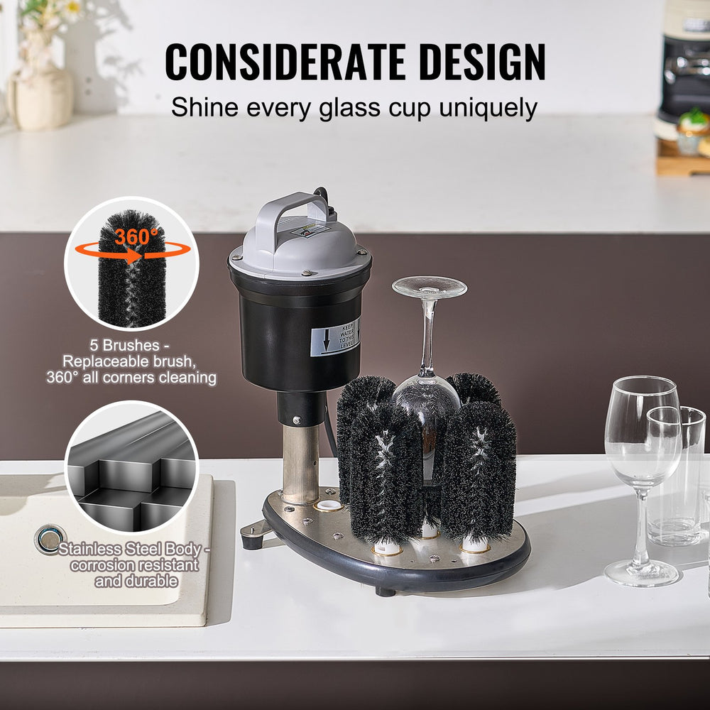 VEVOR Electric Commercial Glass Washer, 5-Brush Bar Glass Cleaner, 1200 Cups/Hour Wine Glass Cleaning Machine, Bar Glass Washer for Champagne Glasses, Beer Cups, Mugs, Perfect for Bars and Cafes