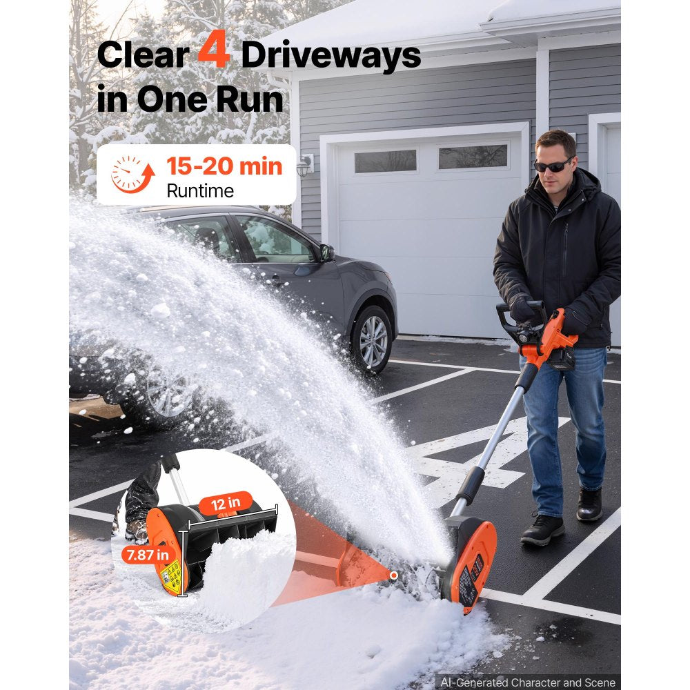 VEVOR Electric Snow Shovel 20V 12" Battery-Powered Cordless Snow Blower, for Driveway Patio Deck, Includes 4Ah Battery and Charger, 20 ft Throw Distance, 60° Chute, LED Light & Adjustable Handle