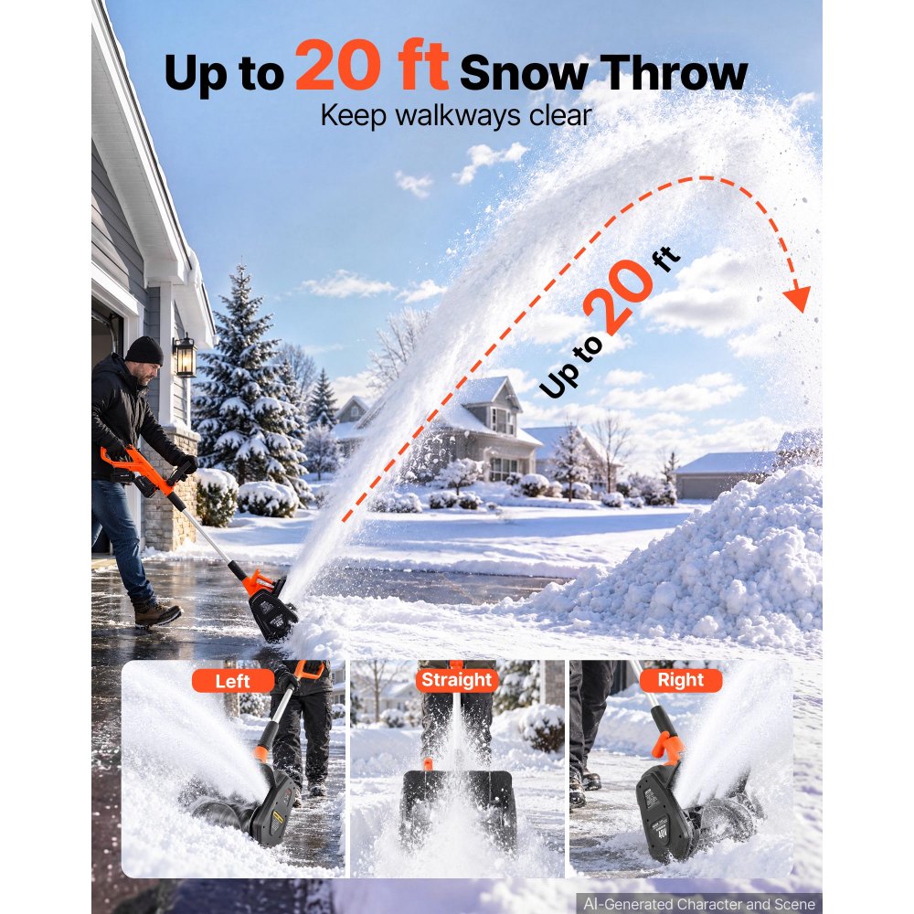 VEVOR Electric Snow Shovel 40V 13.5" Battery-Powered Cordless Snow Blower, for Driveway Patio Deck, Includes 2 x 4Ah Batteries & Charger, 20 ft Throw Distance, 60° Chute, LED Light, Adjustable Handle
