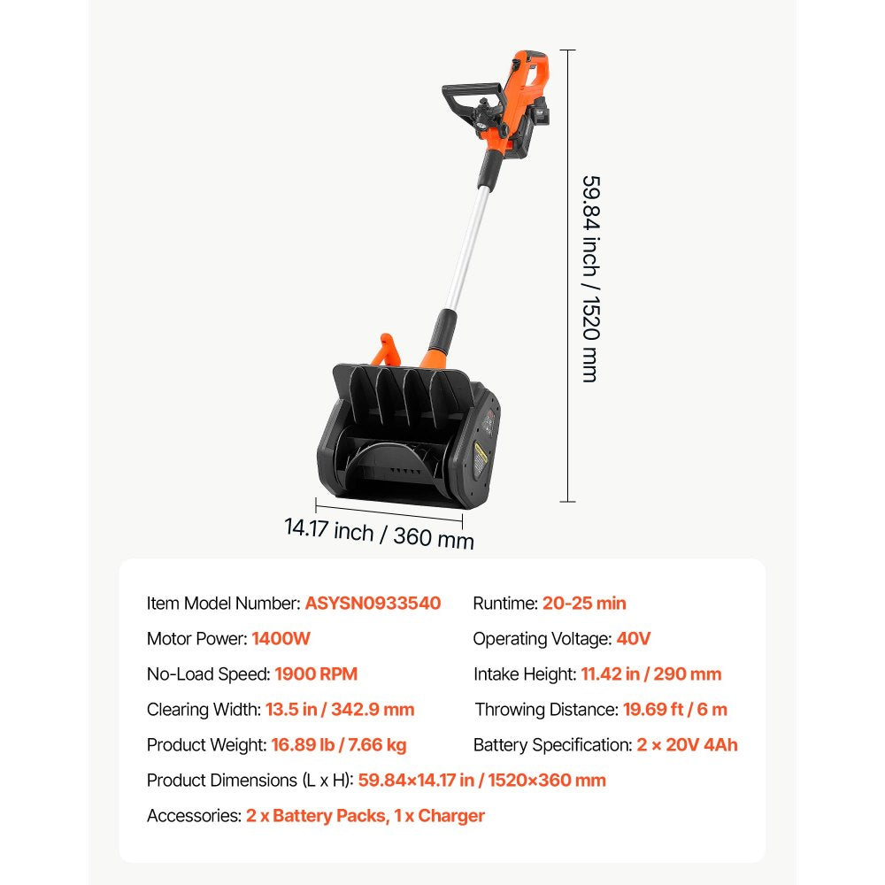 VEVOR Electric Snow Shovel 40V 13.5" Battery-Powered Cordless Snow Blower, for Driveway Patio Deck, Includes 2 x 4Ah Batteries & Charger, 20 ft Throw Distance, 60° Chute, LED Light, Adjustable Handle
