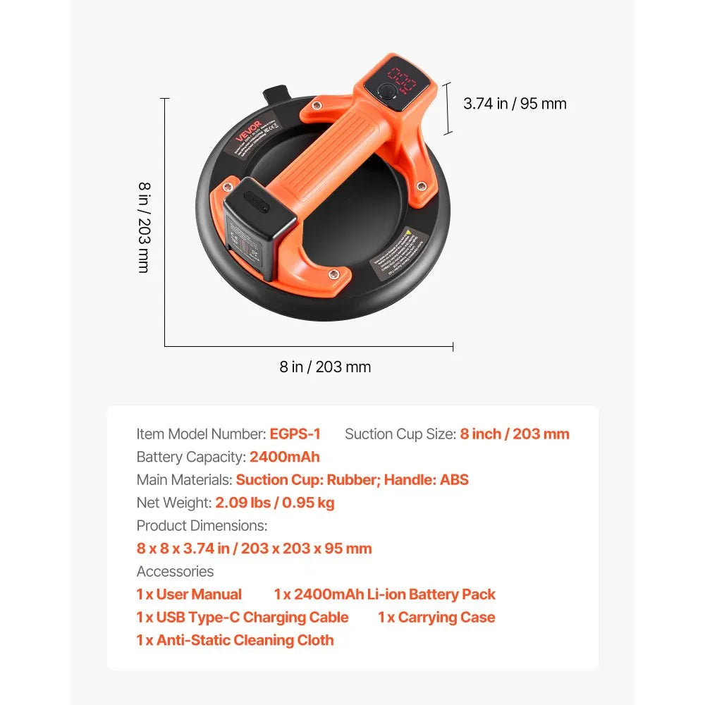 VEVOR Electric Suction Cup, 8-Inch Vacuum Glass Lifter with Digital Display for Suction Power & Battery Level, 440 lbs Max Lifting Capacity Tile Suction Cup Tool for Lifting Tile, Granite (1-Pack)