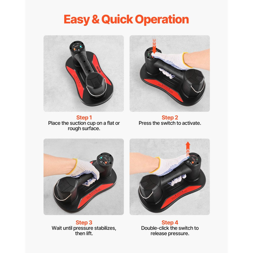 VEVOR Electric Vacuum Suction Cup, 375 lbs Max Lifting Capacity, Vacuum Glass Lifter with Digital Display, Heavy Duty Tile Suction Cup Tool for Lifting Tile, Granite, Wood, Paver, Drywall, Windows