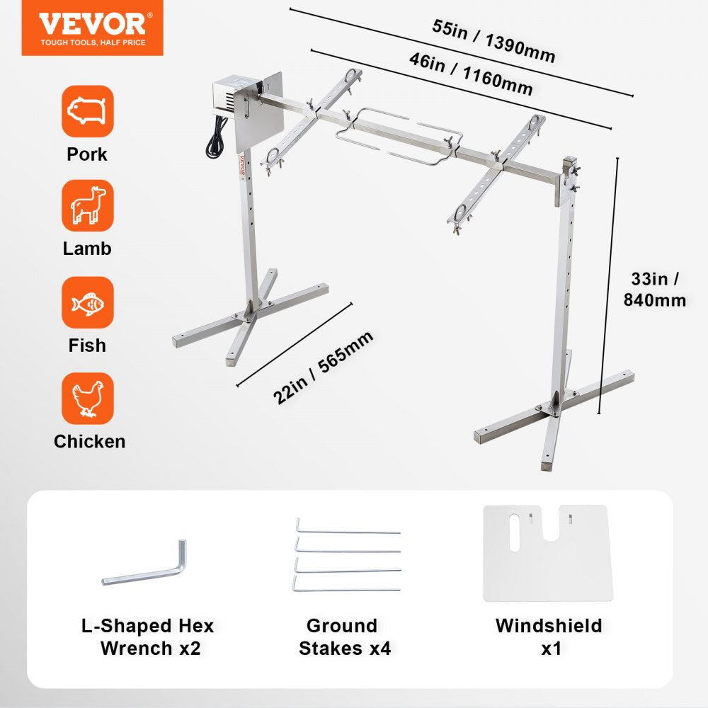 VEVOR Electric BBQ Rotisserie Grill Kit, 46 Inch 90 lbs Capacity, Automatic 42W Motor Height Adjustable Universal Roaster Stand, Stainless Steel Grilling Kit, Spit Rod with Heat Shield for Pig Lamb