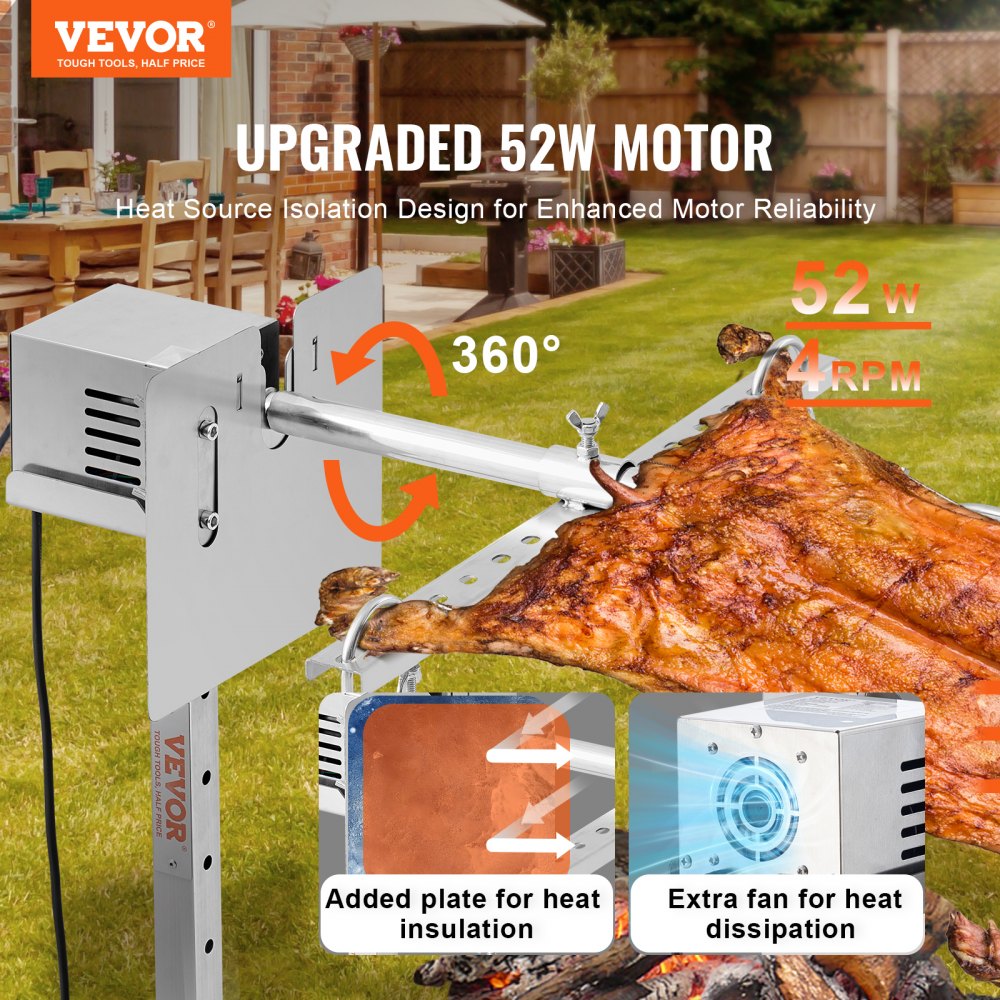 VEVOR Electric BBQ Rotisserie Grill Kit, 56 Inch 132 lbs Capacity, Automatic 52W Motor Height Adjustable Universal Roaster Stand, Stainless Steel Grilling Kit, Spit Rod with Heat Shield for Pig Lamb