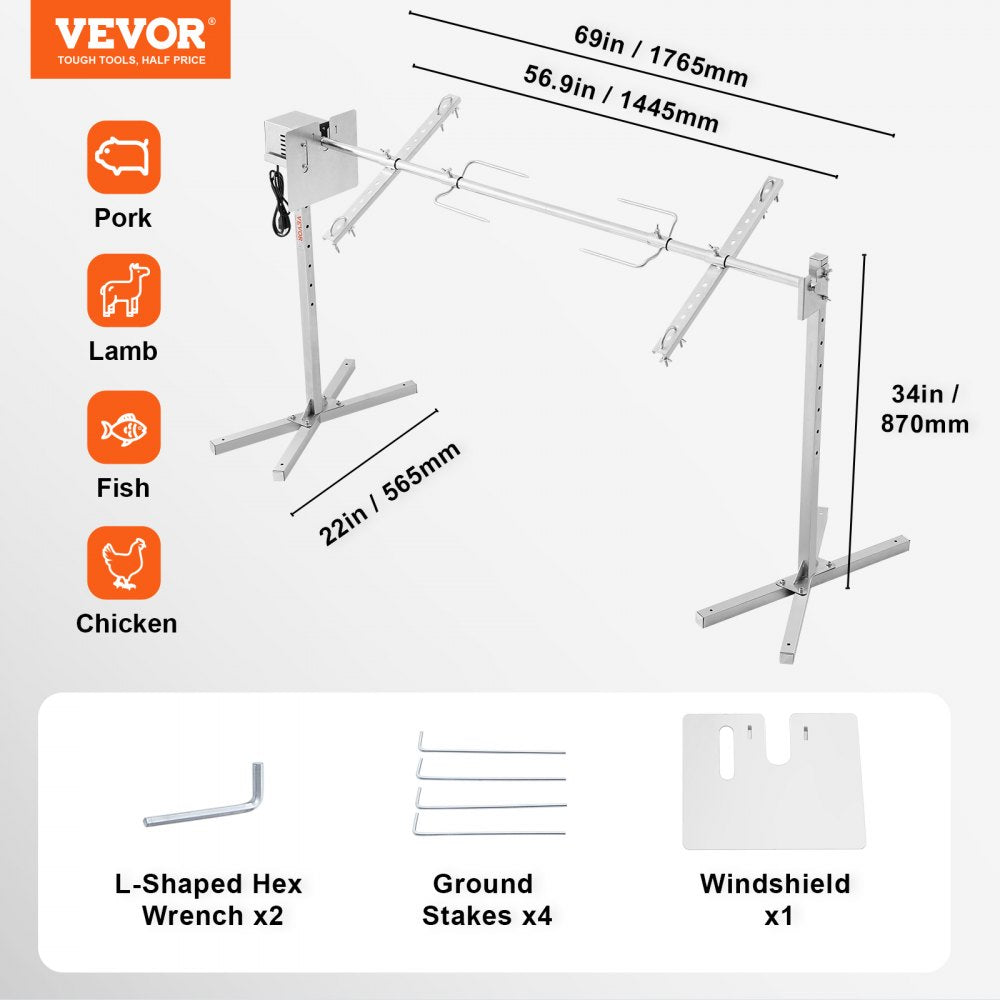 VEVOR Electric BBQ Rotisserie Grill Kit, 56 Inch 132 lbs Capacity, Automatic 52W Motor Height Adjustable Universal Roaster Stand, Stainless Steel Grilling Kit, Spit Rod with Heat Shield for Pig Lamb