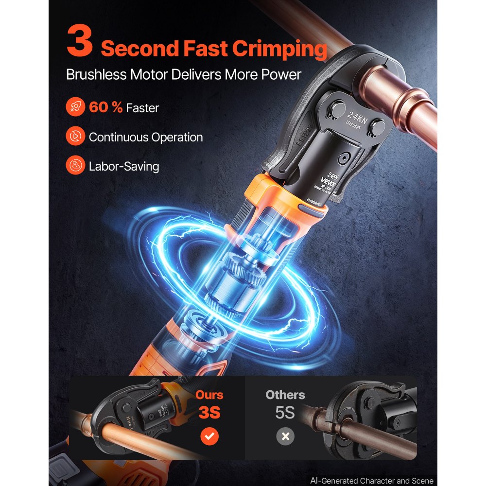 VEVOR 18V Electric Press Tool for 1/2", 3/4", 1", 1-1/4" Copper Pipes, 24KN Compact Pipe Crimping Tool Kit, Compatible with ProPress - with 4 VUS Jaws, 2pcs 2AH Battery, Fast Charger & Toolbox