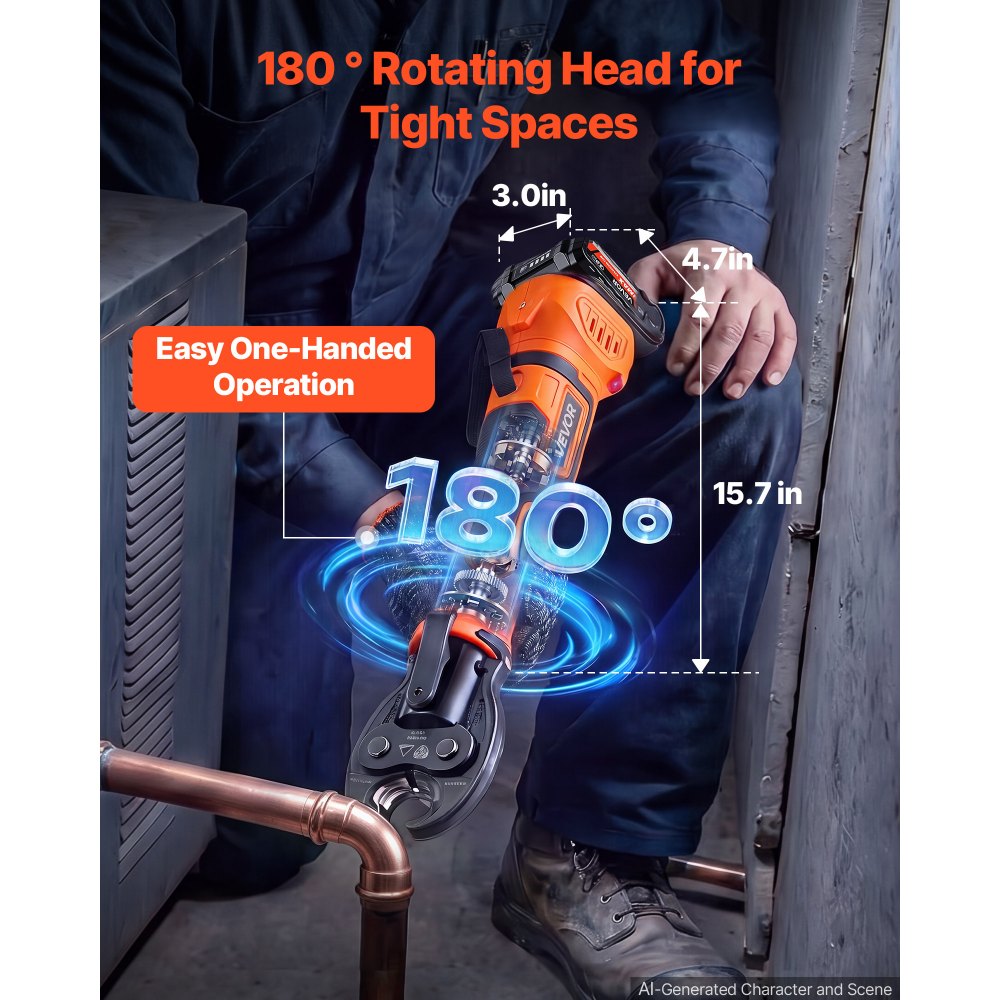 VEVOR 18V Electric Press Tool for 1/2", 3/4", 1", 1-1/4" Copper Pipes, 24KN Compact Pipe Crimping Tool Kit, Compatible with ProPress - with 4 VUS Jaws, 2pcs 2AH Battery, Fast Charger & Toolbox