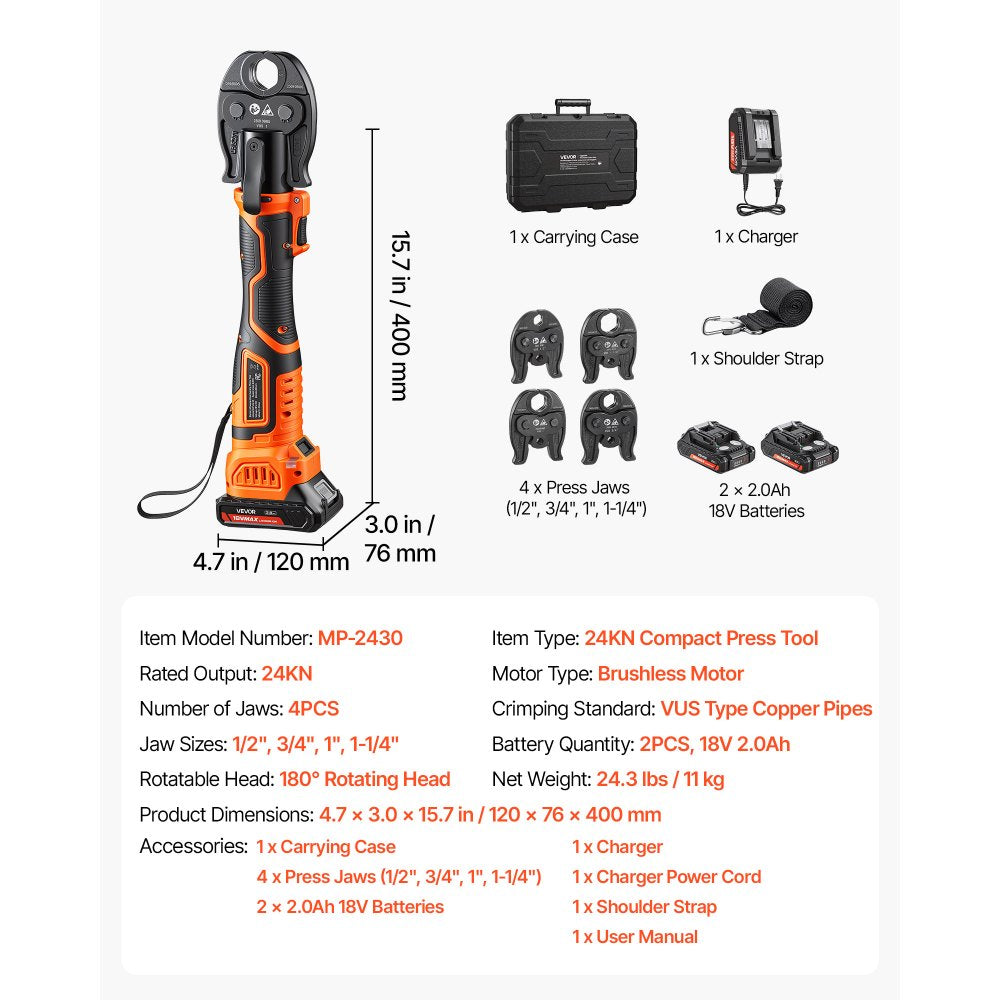 VEVOR 18V Electric Press Tool for 1/2", 3/4", 1", 1-1/4" Copper Pipes, 24KN Compact Pipe Crimping Tool Kit, Compatible with ProPress - with 4 VUS Jaws, 2pcs 2AH Battery, Fast Charger & Toolbox