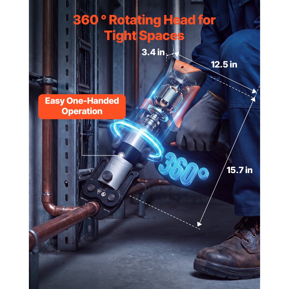 VEVOR Press Tool, 18V Electric Pipe Crimping Tool, 32KN Powerful Standard Output, Brushless Motor, 360 ° Rotating Head, with 2pcs 4AH Battery, Fast Charger & Toolbox (JAWS NOT INCLUDED)