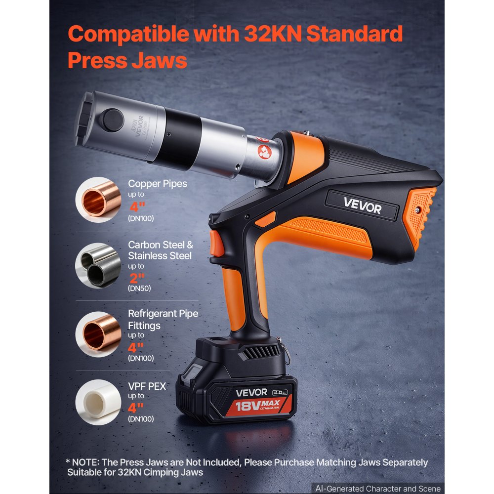 VEVOR Press Tool, 18V Electric Pipe Crimping Tool, 32KN Powerful Standard Output, Brushless Motor, 360 ° Rotating Head, with 2pcs 4AH Battery, Fast Charger & Toolbox (JAWS NOT INCLUDED)
