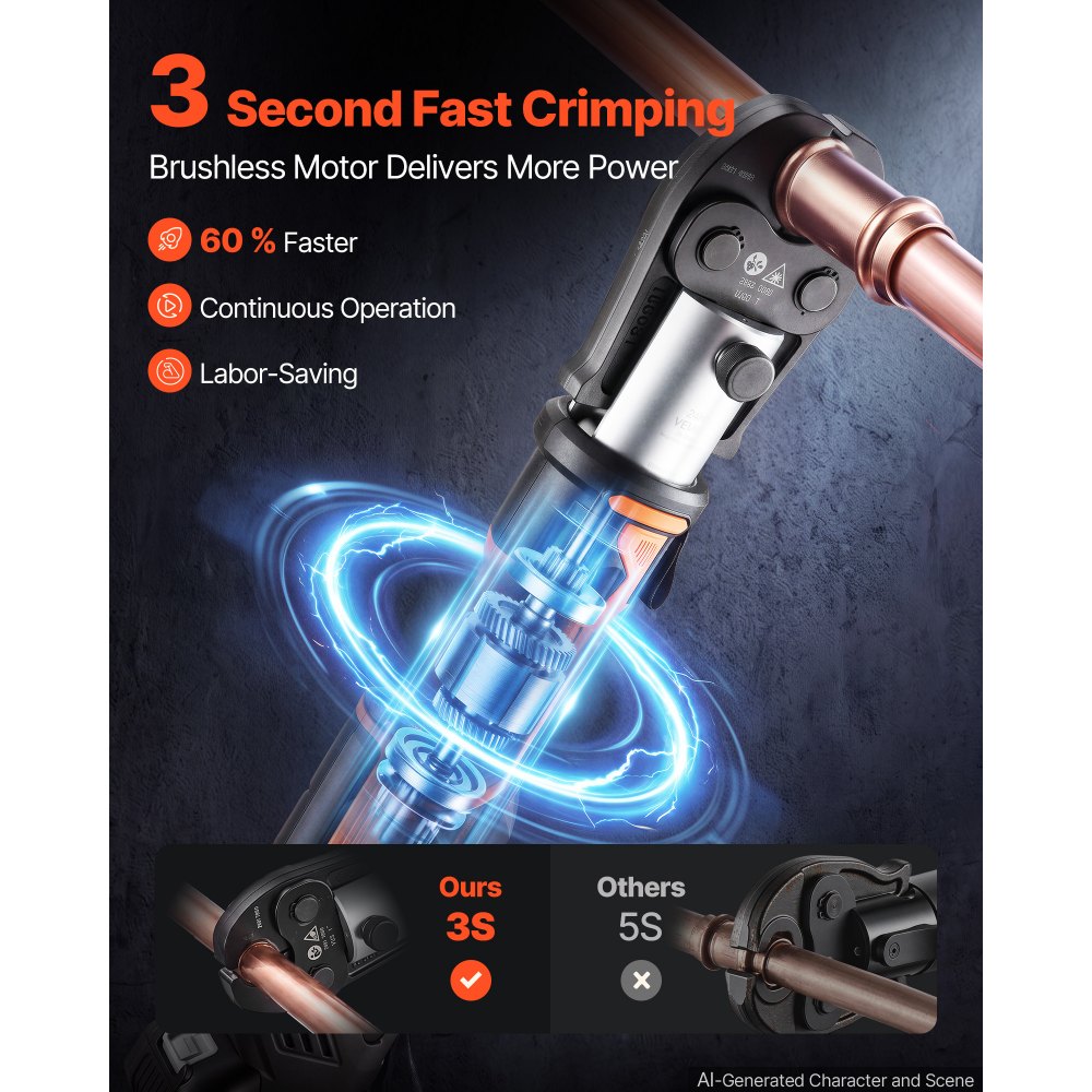 VEVOR Press Tool, 18V Electric Pipe Crimping Tool, 32KN Powerful Standard Output, Brushless Motor, 360 ° Rotating Head, with 2pcs 4AH Battery, Fast Charger & Toolbox (JAWS NOT INCLUDED)