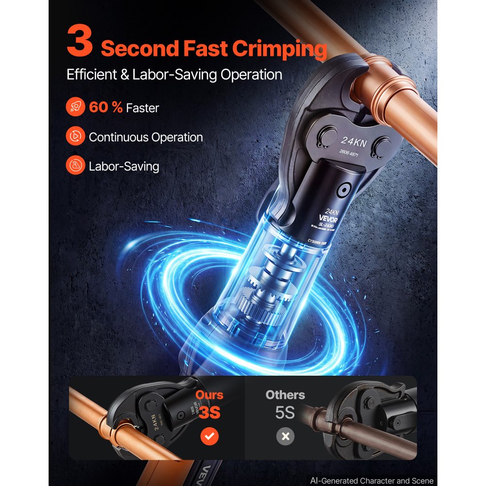 VEVOR Press Tool, 18V Electric Pipe Crimping Tool, 24KN Compact Stable Output, 360 ° Rotating Head, Straight-Style, with 2pcs 2AH Battery, Fast Charger & Toolbox (JAWS NOT INCLUDED)