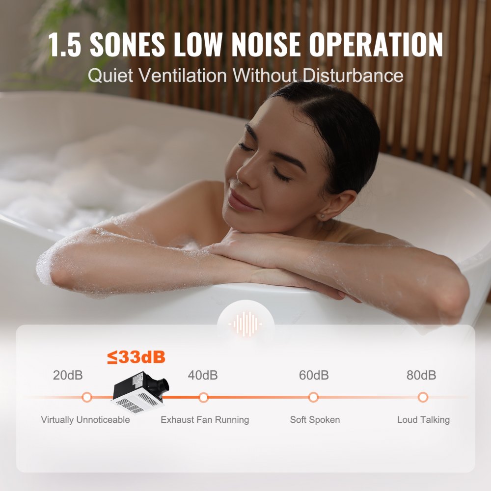 VEVOR Bathroom Exhaust Fan, 1500W Heating, 110 CFM High-Efficiency Ventilation, 1.5sones Low Noise Operation, Energy-Saving Bathroom Ceiling Fan, For Various Ceilings