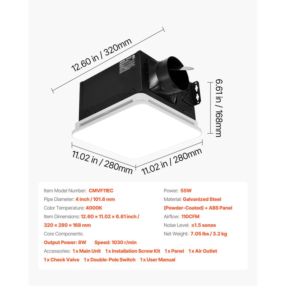 VEVOR Bathroom Exhaust Fan with LED Light, 110 CFM 4000K Bathroom Vent, 1.5 Sones Low-Noise, Premium Motor Ceiling Fan for Laundry Room, Storage Room, Home Ventilation, White