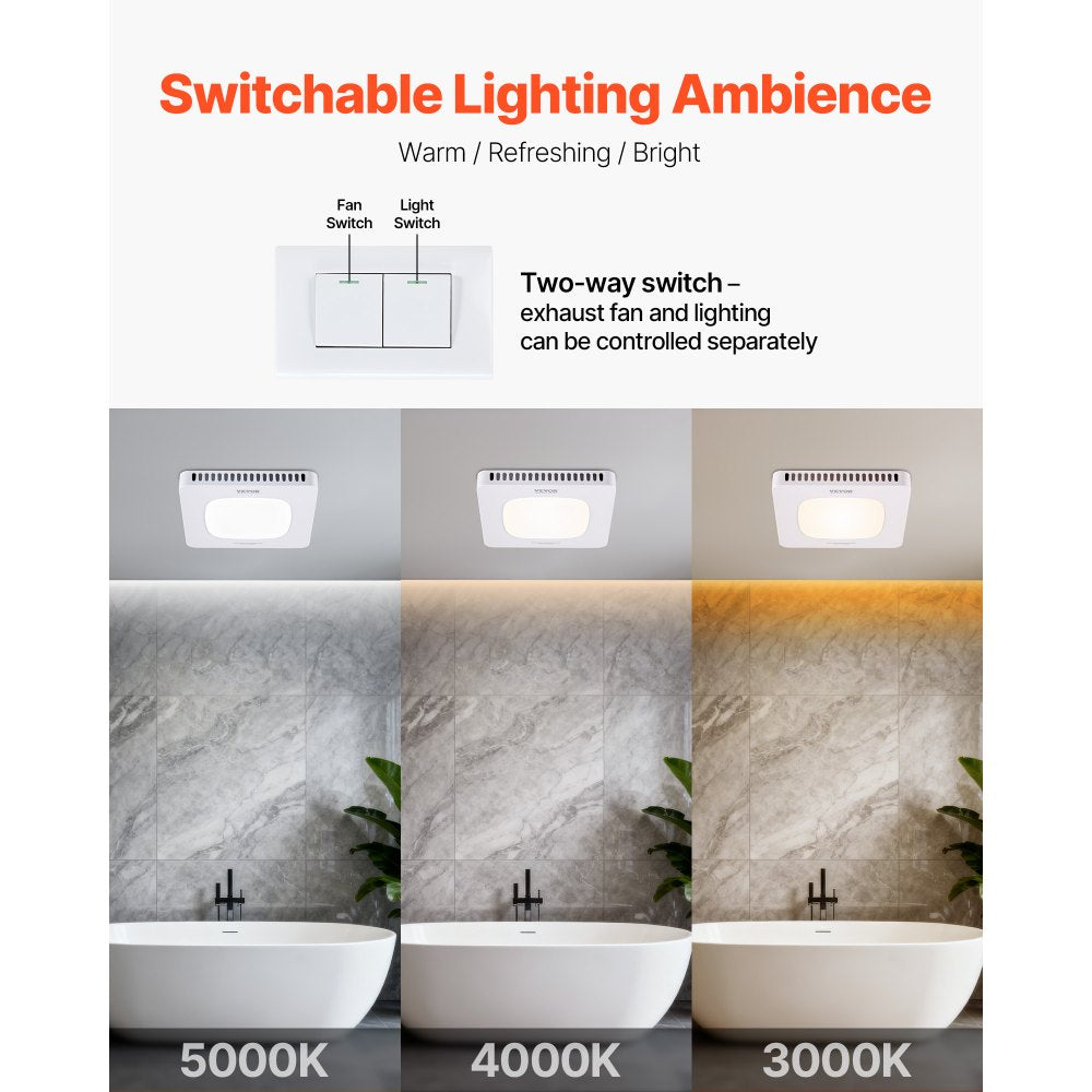 VEVOR Bathroom Exhaust Fan with LED Light, 80-110-130 CFM Bathroom Vent Three Gear Color Temp, 1.5 Sones Low-Noise, Premium AC Motor Ceiling Fan for Laundry Room, Storage Room, Home Ventilation, White