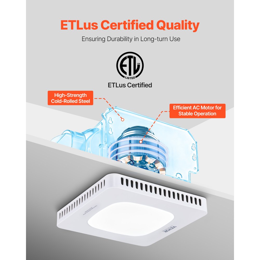 VEVOR Bathroom Exhaust Fan with LED Light, 80-110-130 CFM Bathroom Vent Three Gear Color Temp, 1.5 Sones Low-Noise, Premium AC Motor Ceiling Fan for Laundry Room, Storage Room, Home Ventilation, White