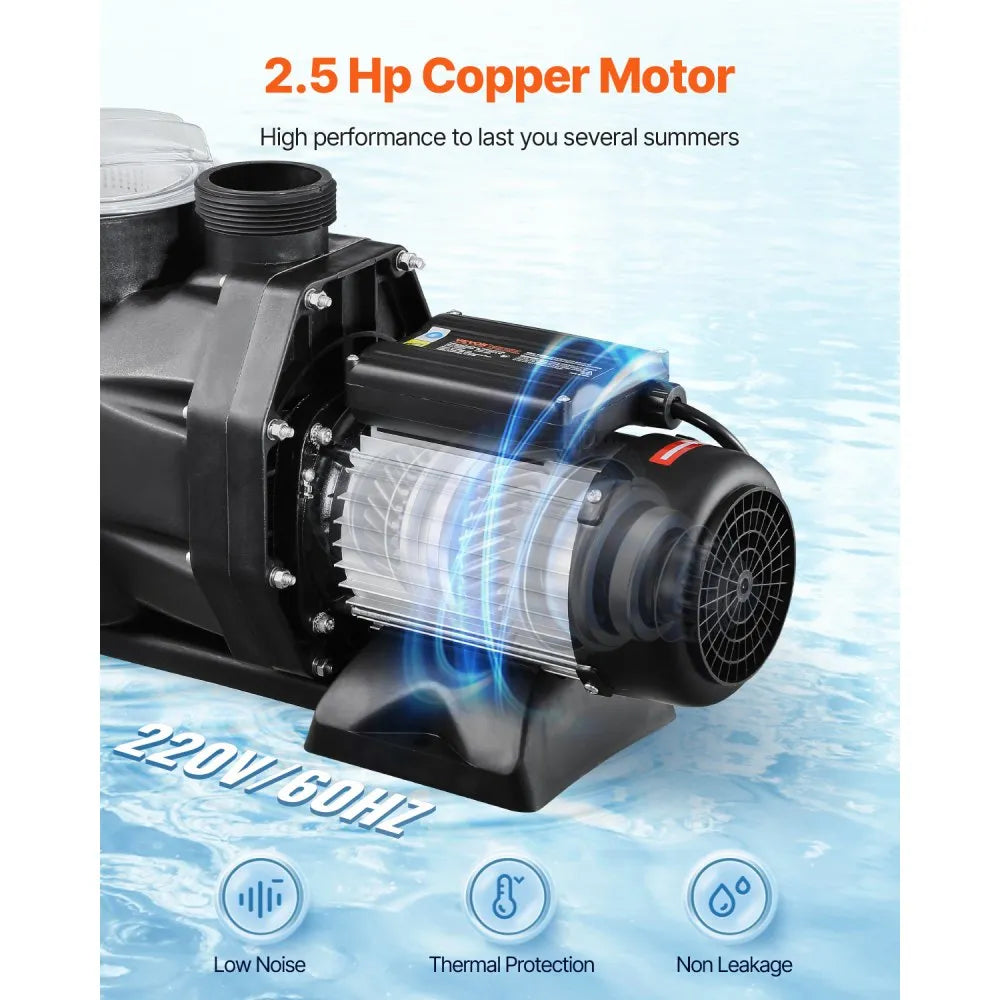VEVOR Above Ground Pool Pump, 2.5 HP, 148 GPM Max Flow Single Speed Swimming Pool Pump, 220V 3450 RPM 62 ft Max Head Lift with PP Shell Strainer Basket, 122°F Max Water Temperature, for Hot Tubs Spas