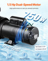 VEVOR Above Ground Pool Pump, 1.5HP/0.35HP, Dual Speed Swimming Pool Pump, High 110 GPM 54 ft Lift, Low 52 GPM 14 ft Lift, 110V 3450 RPM with Strainer Basket, 122°F Max Water Temp, for Hot Tubs Spas