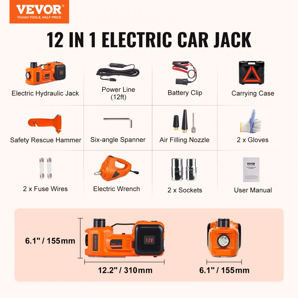 VEVOR Electric Car Jack, 5 Ton/11023 LBS Hydraulic Jack with Electric Impact Wrench, Portable Car Lift with Built-in Inflatable Pump, and LED Light for SUV MPV Sedan Truck Change Tires Garage Repair