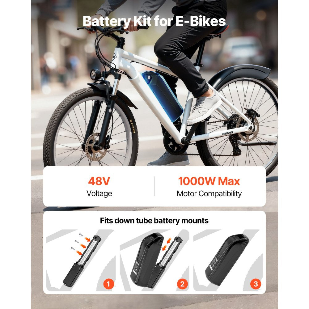 VEVOR Ebike Battery, 48V 13Ah Electric Bike Lithium Battery Pack with BMS, 3A Charger and Lock for 1000W E-Bike Motor, Detachable Electric Bicycle Replacement Kit with Indicator & Discharge Socket