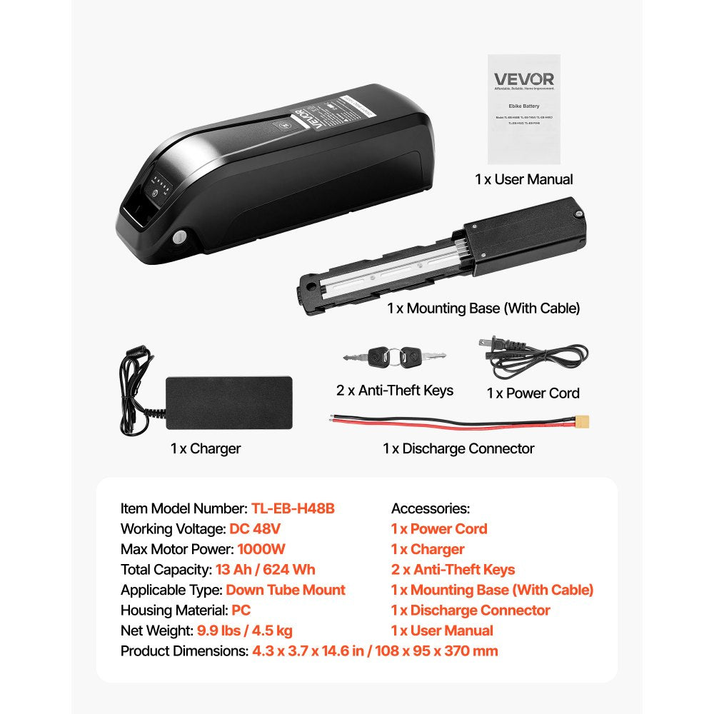 VEVOR Ebike Battery, 48V 13Ah Electric Bike Lithium Battery Pack with BMS, 3A Charger and Lock for 1000W E-Bike Motor, Detachable Electric Bicycle Replacement Kit with Indicator & Discharge Socket